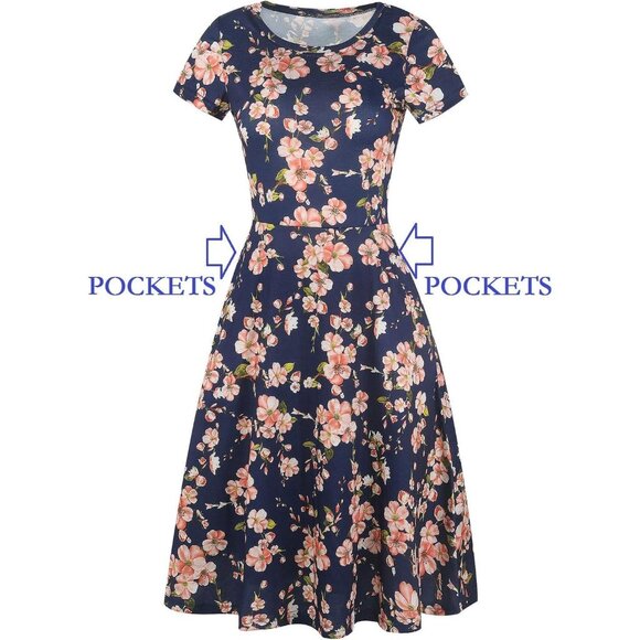 Women's Navy Elegant Knee Length Vintage A-Line Swing Dress with Pockets - Picture 3 of 6